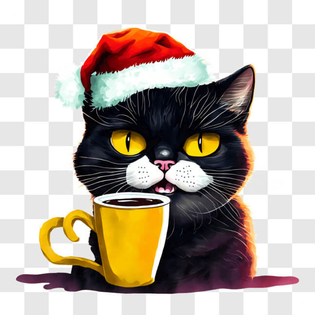 Download Adorable Black Cat in Santa Hat Enjoying a Cup of Coffee PNG ...
