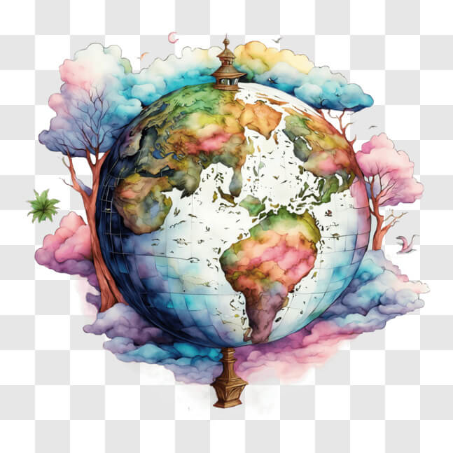 Download Watercolor Painting of the Earth with Trees and Clouds PNGs ...