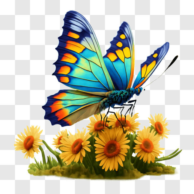 Download Vibrant Butterfly Resting on Yellow Flowers PNG Online