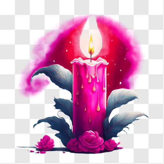 Pink Candle with Dripping Wax and Surrounding Flowers