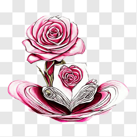 Download Heart-shaped Drawing of Pink Roses with Open Book PNG