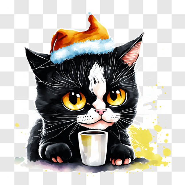 Download Adorable Cat in Santa Hat Enjoying a Drink PNG Online ...