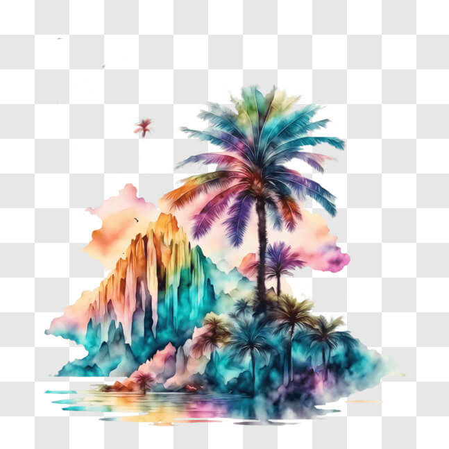 Download Colorful Island Painting with Palm Trees and Mountains PNGs ...