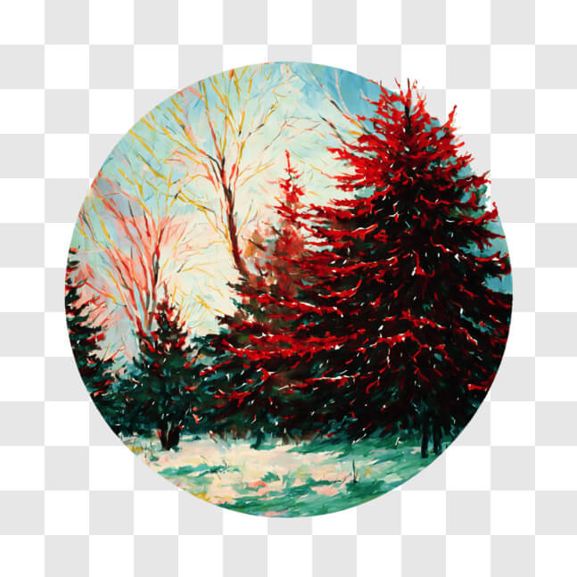 Download Circular Painting of Red Pine Trees in Snowy Landscape PNG ...
