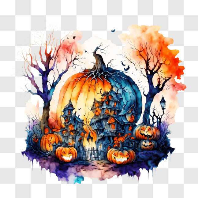 Download Autumn Watercolor Painting with Pumpkins and Houses PNGs ...