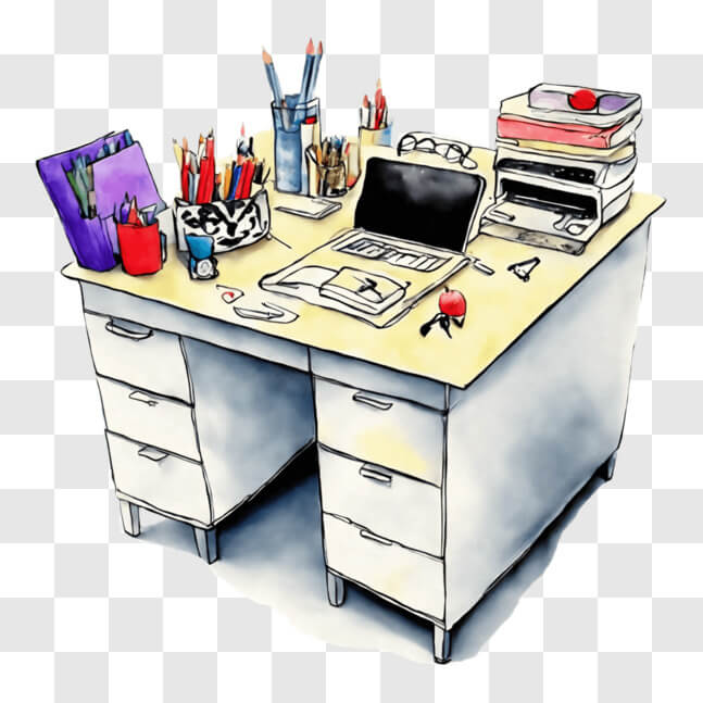 Download Colorful Office Desk with Supplies and Artwork PNG Online ...