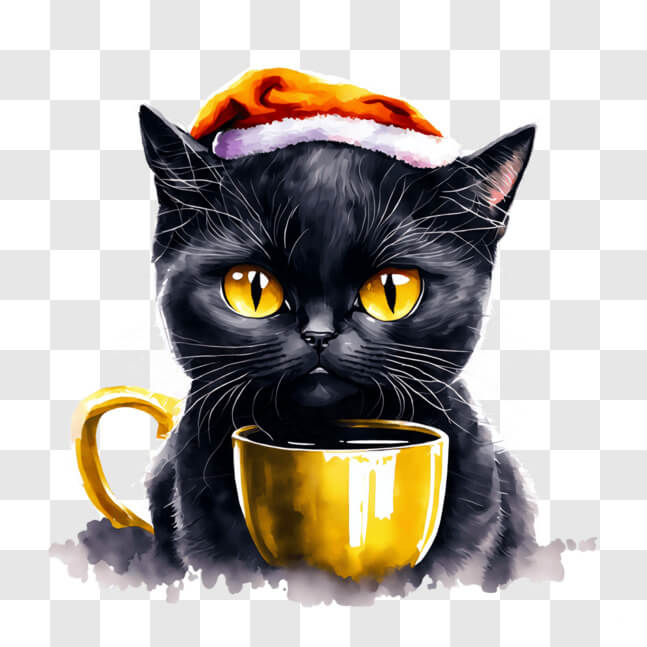 Download Cute Black Cat with Santa Hat Enjoying a Drink PNG Online ...