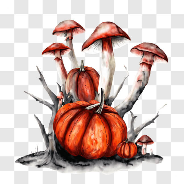 Download Colorful Painting of Pumpkins, Mushrooms, and Trees PNGs ...
