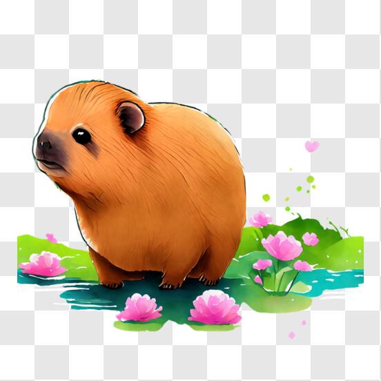 Scarica Animale Giocoso su Foglie di Ninfea con Fiori Rosa PNG Online - Creative  Fabrica