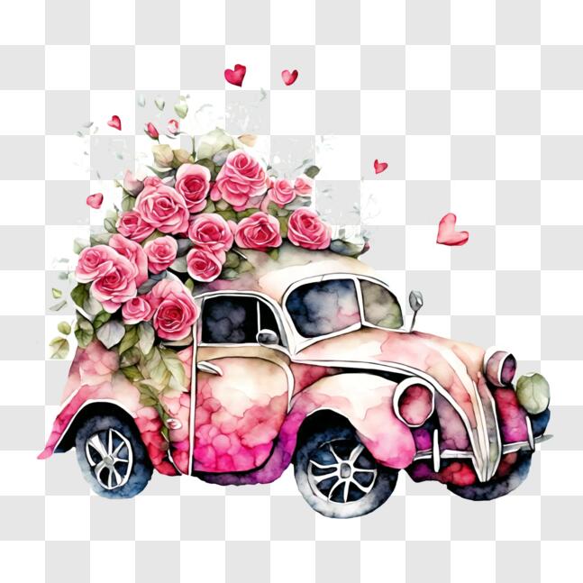 Download Romantic Pink Volkswagen Beetle With Roses Decoration Png 