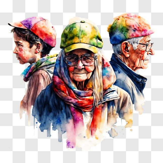Download Watercolor Painting of Three Elderly People in Colorful Hats ...