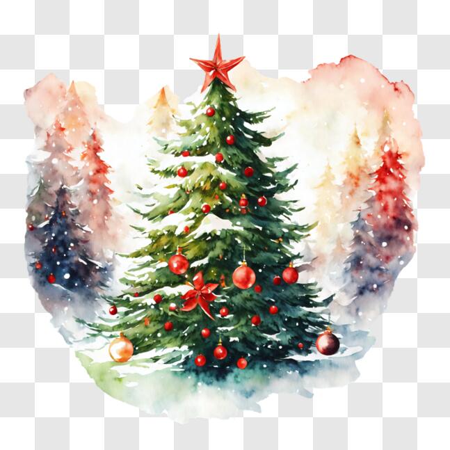 Download Watercolor Christmas Tree Decoration in Snowy Forest PNG ...