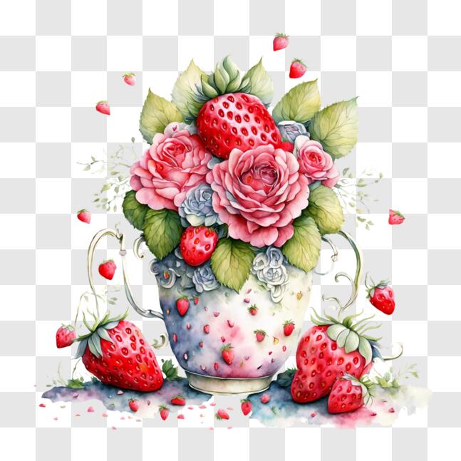 Download Watercolor Painting of Strawberries and Roses in an Elegant ...
