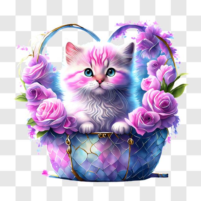 Download Pink Kitten in a Basket of Purple Roses PNGs Online - Creative ...