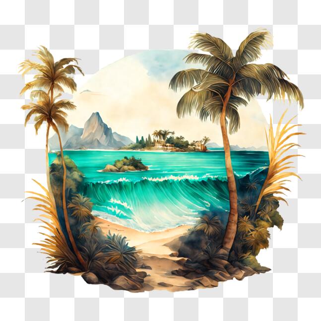 Download Idyllic Beach Painting with Palm Trees and Splashing Waves PNG ...