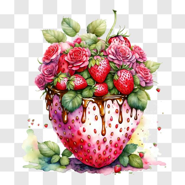 Download Delicious Strawberry Bowl with Roses and Chocolate Syrup PNG ...