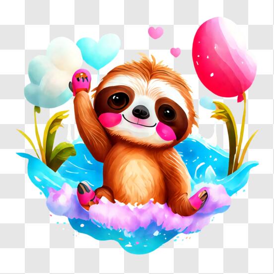 Cute Sloth with Balloons and Hearts