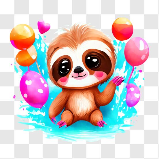 Cute Sloth Sitting in Water with Balloons