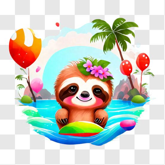 Cute Sloth with Balloons and Flowers