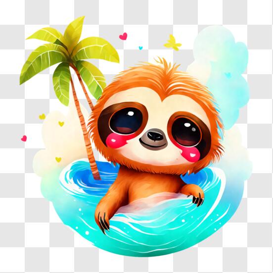 Cute Sloth in Water with Palm Trees
