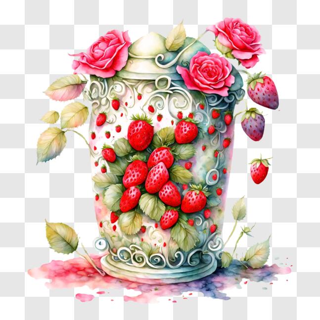 Download Beautiful Vase with Strawberries and Roses PNG Online ...