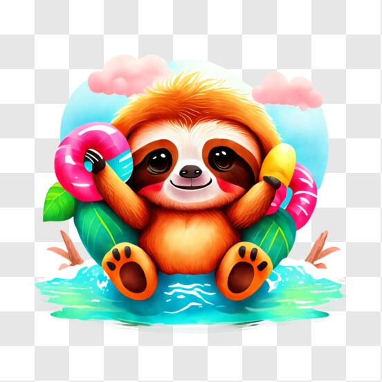 Cute sloth enjoying summer with ice cream and balloons