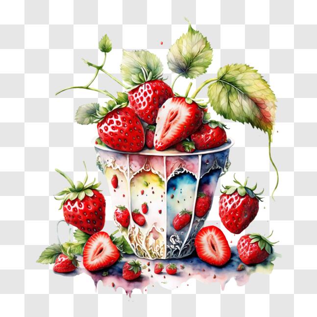 Download Delicious Cup of Fresh Strawberries with Green Leaves PNG ...