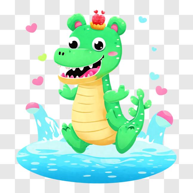 Download Playful Alligator Splashing in Water with Crown and Hearts PNG ...