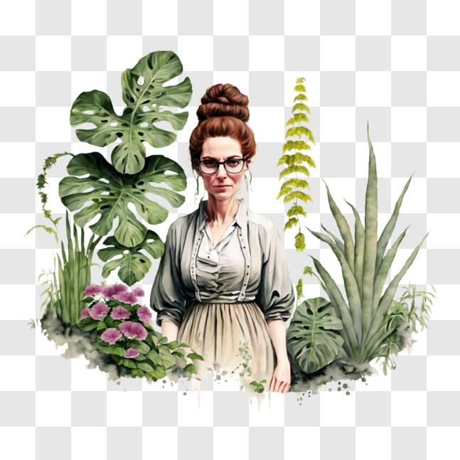 Download Vintage Woman Surrounded by Tropical Plants PNG Online ...