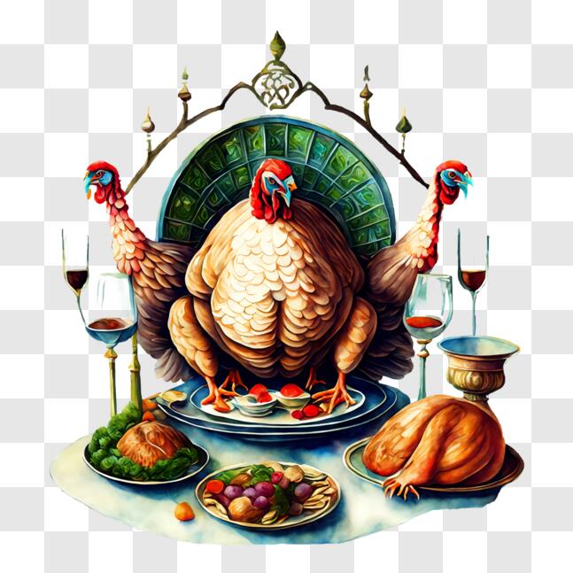 Download Thanksgiving Dinner with Turkey and Wine Glasses PNG Online ...