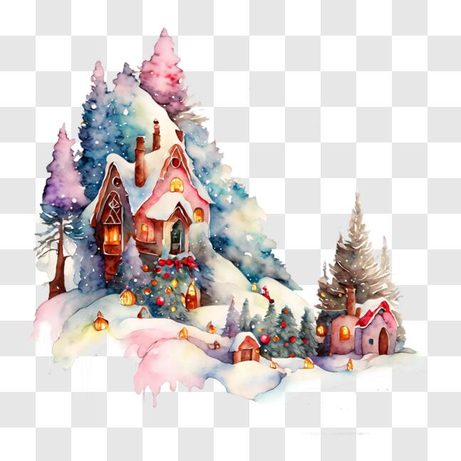 Download Snowy Village Winter Watercolor Painting PNGs Online ...