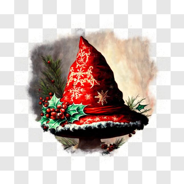 Download Festive Red Witch's Hat with Holly Berries and Snowflakes PNG ...