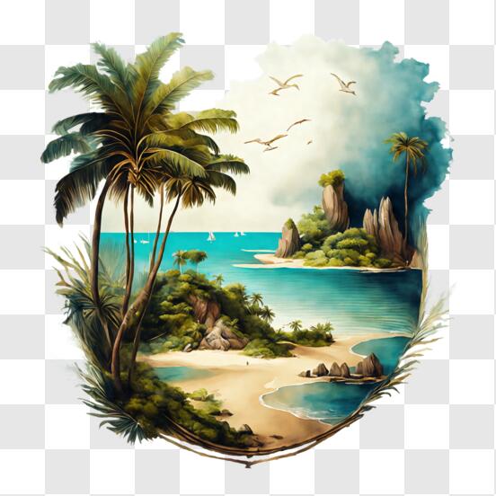 Download Tropical Island Sunset with Palm Trees and Hibiscus Flowers ...
