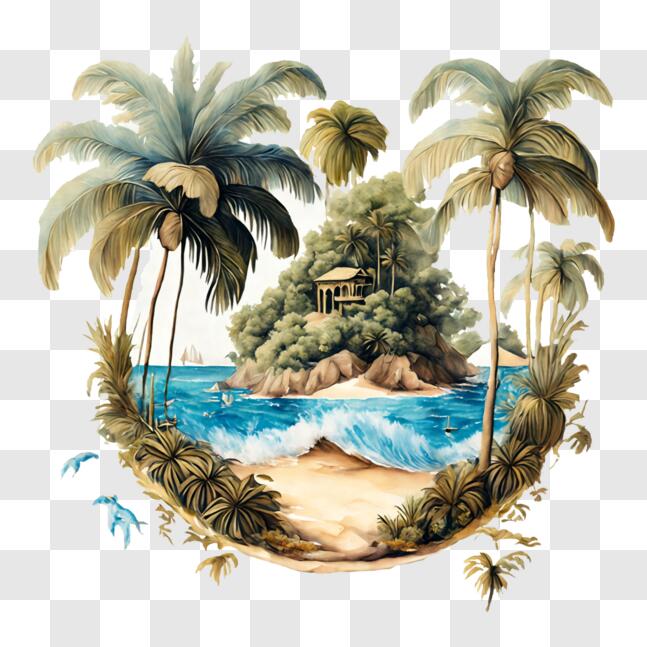 Download Tropical Island with Palm Trees and Dolphins PNGs Online ...