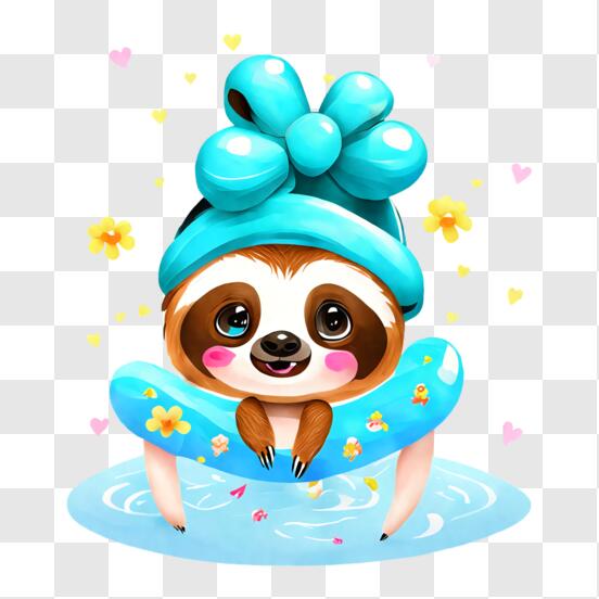 Cute sloth in an inflatable pool with hat and mittens
