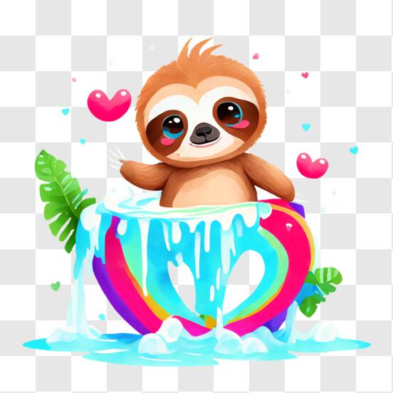 Cute Sloth in Ice Cream Cup with Hearts and Rainbows