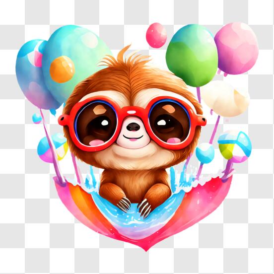 Cute Sloth Wearing Sunglasses Floating with Balloons