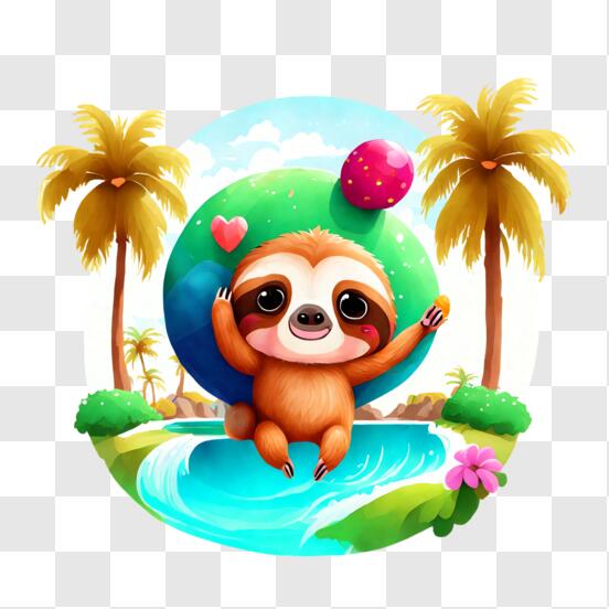 Cute Sloth in a Tropical Setting with Balloons