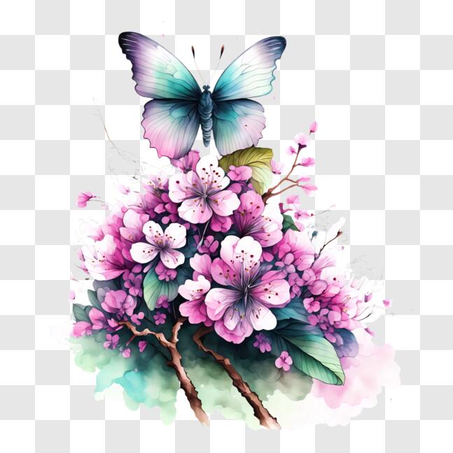 Download Elegant Butterfly Decoration on Pink Blossoms PNG Online