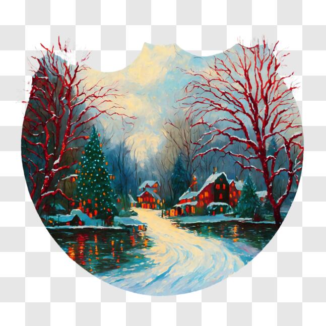 Download Winter Landscape Painting with Snowy Scenery and Houses PNG ...
