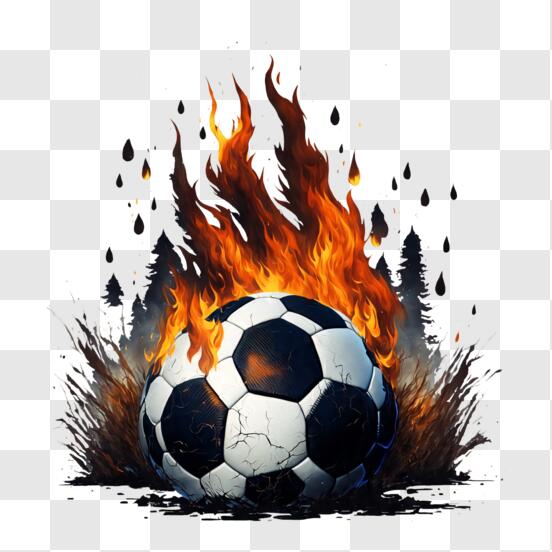 Bola de futebol em chamas no campo verde no conceito de jogo de