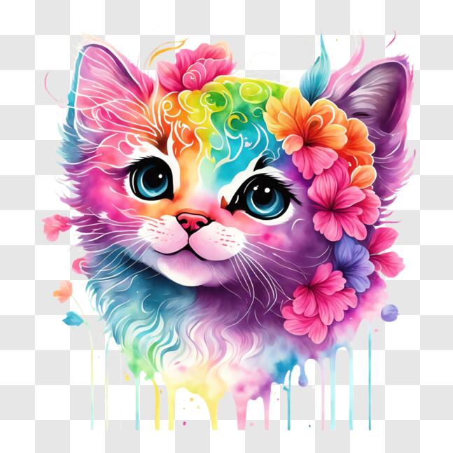Download Colorful Kitten with Flowers PNG Online - Creative Fabrica