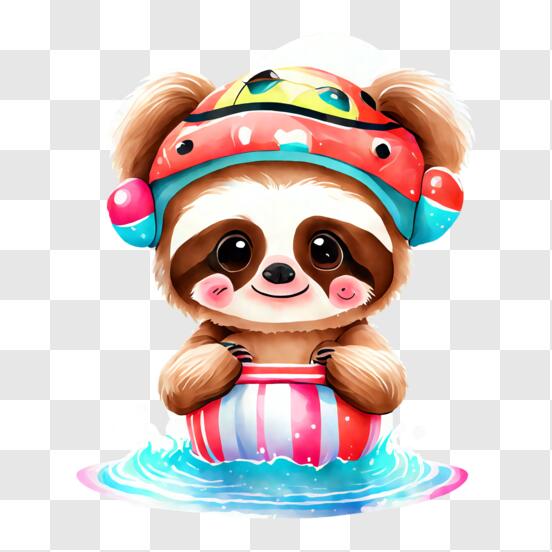 Cute Sloth in Water with Ice Cream Cone Hat and Sunglasses