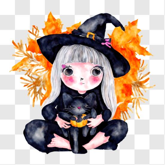 Ilustração do estilo anime de uma garota em uma fantasia de bruxa