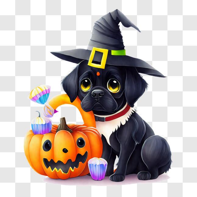 Download Black Dog in Witch Hat Celebrating Halloween with Cupcakes ...