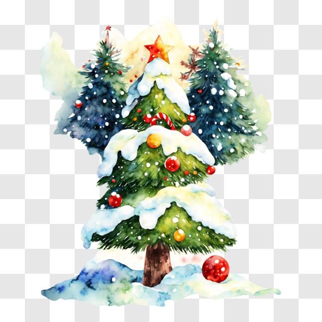 Download Ornamented Christmas Tree with Snow and Presents PNG Online ...