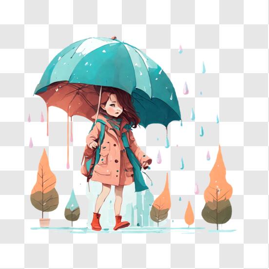 Desenho infantil de menina no céu voando com guarda-chuva