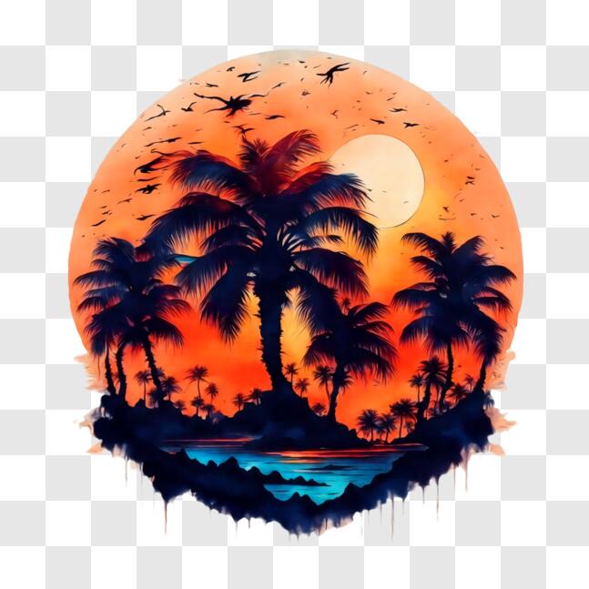 Download Tranquil Tropical Island Sunset with Palm Trees PNG Online ...