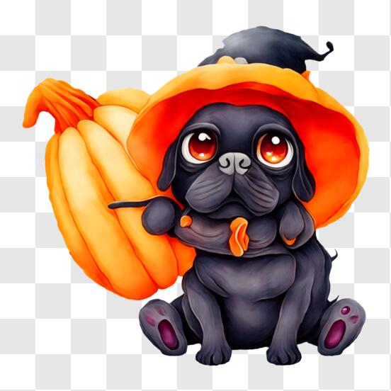 Download Adorable Pug Dog in Witch Hat with Pumpkin Illustration PNG Online  - Creative Fabrica