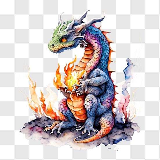 Télécharger Œuvre d'art de dragon coloré avec du feu et des aquarelles PNG  En Ligne - Creative Fabrica